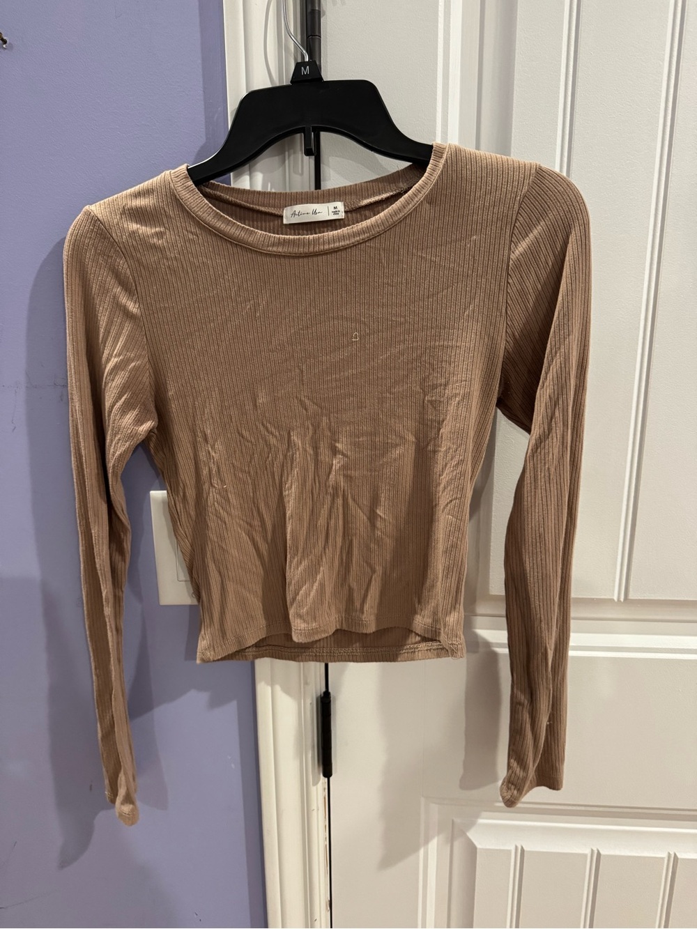 Active USA Ribbed Long-Sleeve Crop Top in Taupe
